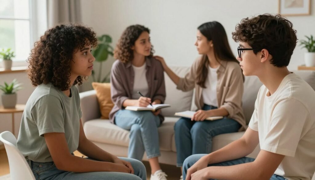 A serene mental health support scene featuring a diverse group of adolescents sitting together in a cozy, well-lit room. In the foreground, two teenagers—a girl with curly hair and a boy with glasses—are engaged in a deep conversation, their expressions reflecting concern and empathy. In the middle background, another pair of friends are interacting, one holding a notebook and pen, symbolizing journaling and self-reflection, while the other offers a comforting gesture. The room is decorated with calming colors, plants, and soft lighting, fostering a safe space for discussions on mental health. The overall mood is hopeful and supportive, with natural light streaming through a window, symbolizing openness and understanding.
