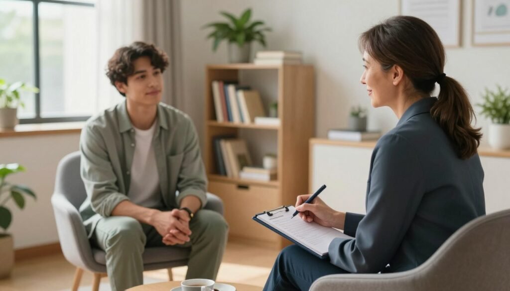 A serene mental health support scene featuring a professional therapist and a client in a comfortable, well-lit office setting. The foreground captures the therapist, a middle-aged woman in professional attire, actively listening and taking notes, with a compassionate smile. The client, a young adult in modest casual clothing, sits across from her, appearing relaxed and engaged, with a thoughtful expression. In the middle background, shelves lined with books on psychology and wellness, alongside potted plants that add a touch of nature. Soft, natural light streams through a large window, creating a warm, inviting atmosphere. The overall mood is supportive and reassuring, emphasizing the importance of mental health support.