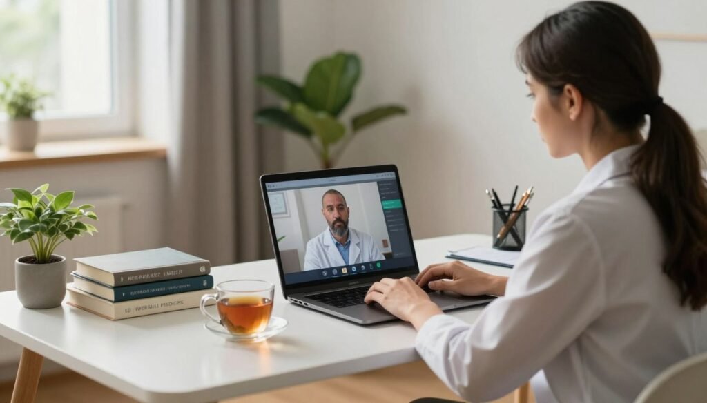 A serene, modern home office setting with a psychiatrist consulting online. In the foreground, a professional psychiatrist, dressed in smart casual attire, focused on a laptop screen displaying a patient. The middle ground features a stylish desk with mental health books, a plant for a touch of nature, and a comforting mug of tea, signifying a warm atmosphere for online consultations. The background includes soft, natural lighting filtering through a window, creating a calm and inviting environment. The overall mood is peaceful and professional, emphasizing the efficiency and accessibility of online psychiatry as compared to traditional in-person sessions.