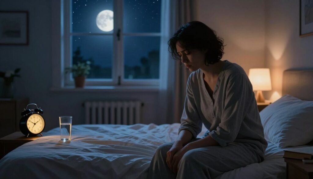 A serene nighttime bedroom setting, illustrating the causes of nighttime anxiety. In the foreground, a person sits on the edge of a neatly made bed, dressed in comfortable, modest sleepwear, with a contemplative expression. A bedside table holds a glowing alarm clock and a half-empty glass of water. In the middle, a window reveals a starry sky with a full moon casting soft, calming light into the room. The walls are adorned with calming colors, and a gentle night lamp casts a warm glow, creating a tranquil atmosphere. In the background, a soft pillow and a scattered book suggest restlessness. The mood is reflective and introspective, emphasizing the complexity of nighttime anxiety. Natural lighting effects enhance the overall ambiance without harsh shadows, promoting a sense of peace.