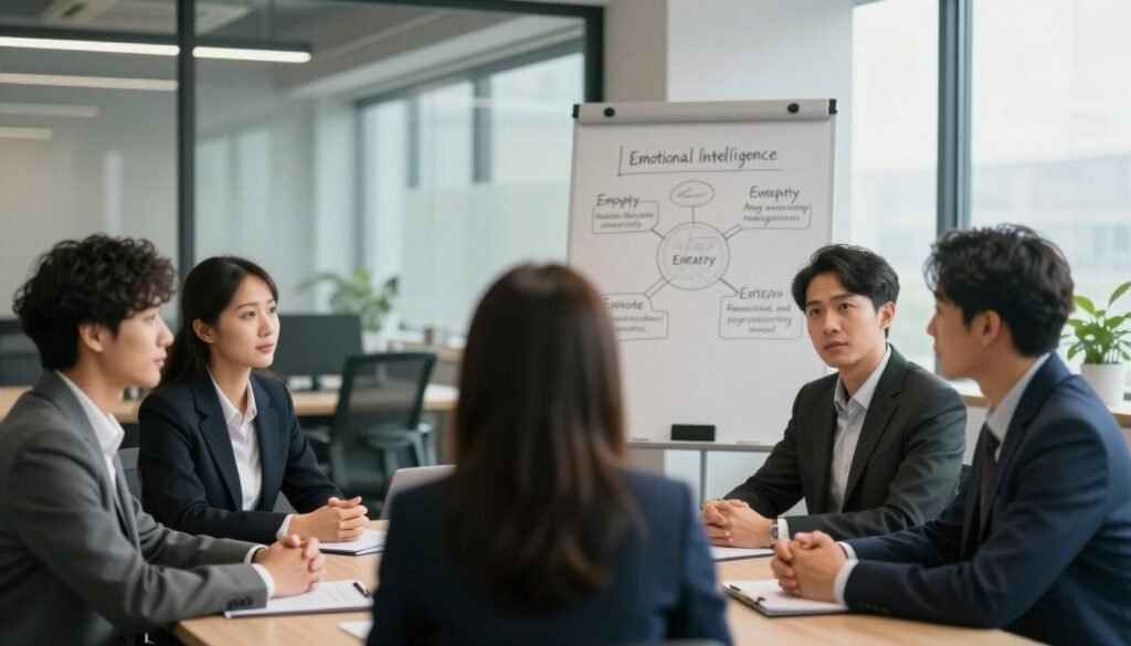 A serene office environment captures the essence of emotional intelligence. In the foreground, a diverse group of professionals, dressed in smart business attire, are engaged in a collaborative discussion around a conference table, displaying expressions of empathy and understanding. The middle layer features a whiteboard with diagrams illustrating emotional intelligence concepts, such as empathy, self-awareness, and relationship management. The background reveals a modern office space with large windows allowing soft, natural light to illuminate the scene, creating a warm and inviting atmosphere. The overall mood is focused yet positive, emphasizing connection and collaboration, with a shallow depth of field to highlight the individuals while gently blurring the background details.