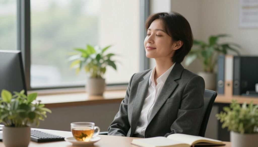 A serene office environment depicting a professional in business attire reflecting on their well-being. In the foreground, the individual sits at a desk with a peaceful expression, surrounded by greenery like potted plants that symbolize recovery and rejuvenation. The middle ground features calming elements such as a cup of herbal tea and an open notebook, suggesting mindfulness practices. The background showcases a window with soft, natural light pouring in, illuminating the scene and creating a warm, inviting atmosphere. Use a soft focus lens with a shallow depth of field to emphasize the subject while gently blurring the surroundings, conveying a sense of tranquility and hope. The overall mood should evoke a sense of healing and positivity, illustrating the theme of recovery from burnout.