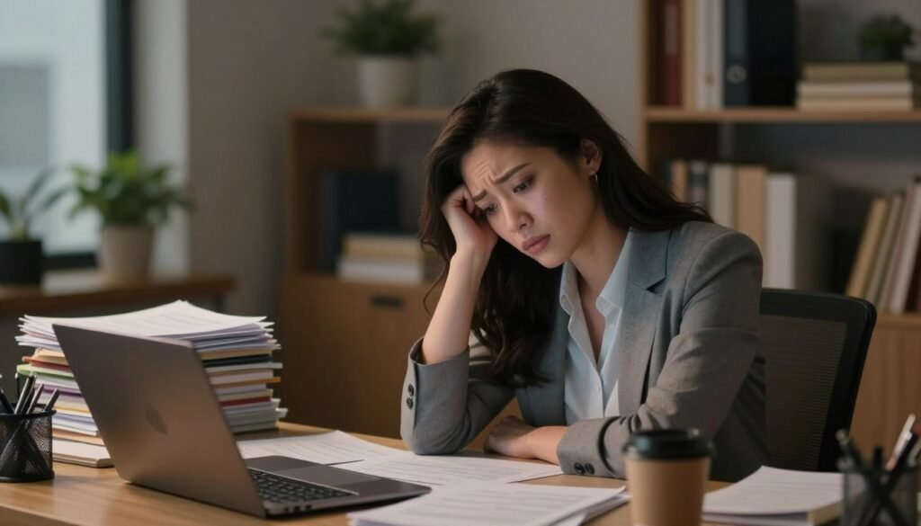 A serene office environment depicting a professional woman sitting at a desk, visibly overwhelmed and fatigued, with notes and a laptop scattered around her. The foreground should capture her facial expression of stress and exhaustion, showing signs of burnout such as tired eyes and a slouched posture, dressed in modest business attire. In the middle ground, a soft-focus stack of paperwork and an empty coffee cup can symbolize the overwhelming workload. The background should feature warm, dim lighting that enhances the mood of fatigue, with shelves filled with books and indoor plants, creating a slightly cluttered yet professional atmosphere. The overall composition should evoke feelings of pressure and the need for self-care.