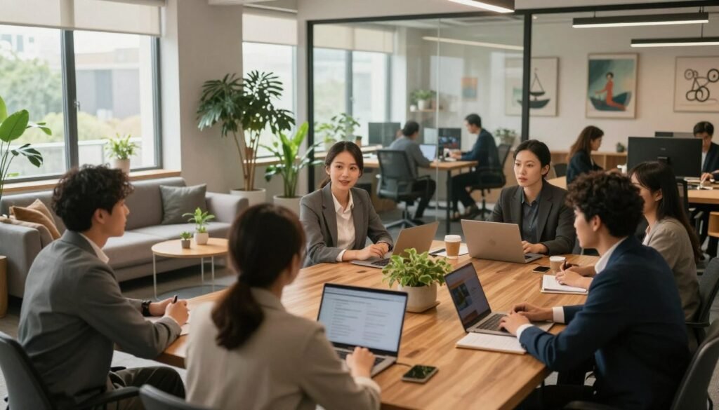 A serene office environment filled with natural light streaming through large windows, showcasing a modern workspace. In the foreground, a diverse group of professionals in business attire engages in a collaborative discussion around a sleek wooden table covered with plants and notepads. The middle ground features a cozy lounge area with a comfortable couch and greenery, promoting relaxation and mental well-being. In the background, glass partitions reveal a calm atmosphere with colleagues focused on their tasks, and artwork on the walls depicting balance and wellness. Soft, warm lighting enhances the inviting ambiance, creating an atmosphere of productivity and harmony. The image conveys a sense of balance between work and life, emphasizing the importance of mental health and quality of life at work.