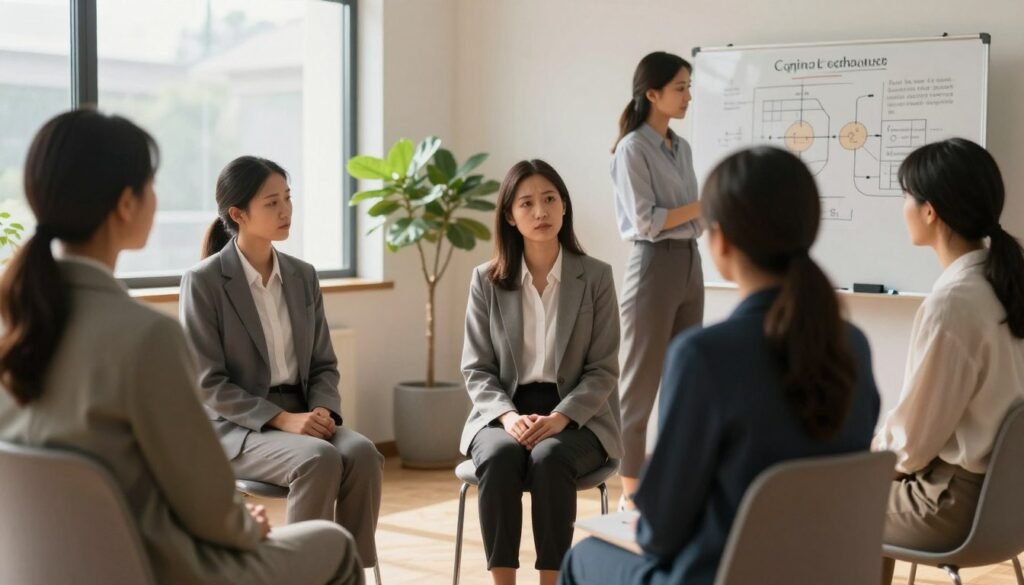 A serene office environment focused on anxiety management techniques. In the foreground, a group of three diverse individuals, dressed in professional business attire, are engaged in a group therapy session. One person is seated, demonstrating a relaxation technique with their hands resting on their lap, while another stands near a whiteboard filled with diagrams illustrating cognitive-behavioral therapy concepts. The middle ground features calming elements such as a small indoor plant and soft lighting that creates a warm atmosphere. In the background, large windows let in natural light, casting gentle shadows and enhancing the peaceful vibe. The overall mood should convey comfort, focus, and support, as the individuals work together to manage anxiety through professional guidance. The composition captures a clinical yet welcoming space ideal for therapeutic discussions.