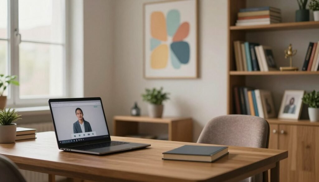 A serene office environment reflecting mental health awareness. In the foreground, a wooden desk with a laptop open, displaying an online therapy session. A comforting chair is angled towards a large window, which lets in soft, natural light. In the middle ground, a wall adorned with calming artwork, such as abstract paintings in soothing colors, and a small potted plant. The background reveals shelves filled with books on psychology and wellness. The atmosphere is warm and inviting, suggesting a safe space for discussion. The lighting is soft and diffuse, creating a peaceful ambiance that encourages reflection and support. The scene captures the essence of seeking mental health assistance with professionalism and care.