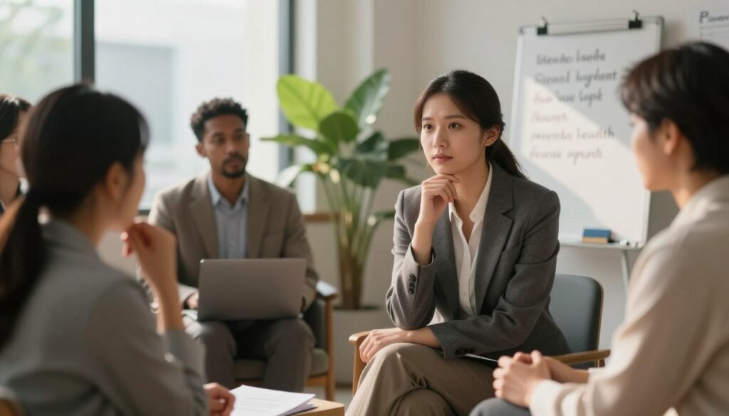 A serene office environment where a diverse group of professionals is engaged in a collaborative discussion. In the foreground, a caring mental health professional in business attire listens attentively to a client, who appears thoughtful and contemplative. The middle ground features calming elements like plants and soft lighting from large windows, creating a warm atmosphere. In the background, a whiteboard displays keywords related to mental health awareness. The lighting is soft and inviting, with natural light filtering through, casting gentle shadows that enhance the sense of trust and safety. The mood is supportive and positive, emphasizing the importance of seeking professional help for mental health concerns.