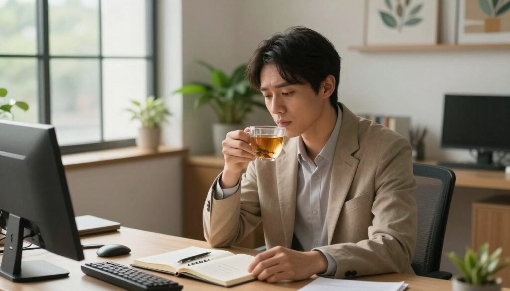 A serene office environment, where a weary professional sits at a desk, surrounded by soft natural light filtering through a large window. The individual, dressed in modest business attire, gazes thoughtfully at a cup of herbal tea, symbolizing relaxation and recovery from burnout. In the background, plants and calming artworks create a nurturing atmosphere. On the desk, an open journal with notes and a pen suggest reflective practice. Soft colors dominate the scene, with warm hues of beige and green promoting a sense of tranquility and hope. The camera is slightly angled from above, capturing both the individual and the inviting workspace, evoking a feeling of peace and the gradual journey toward recovery.