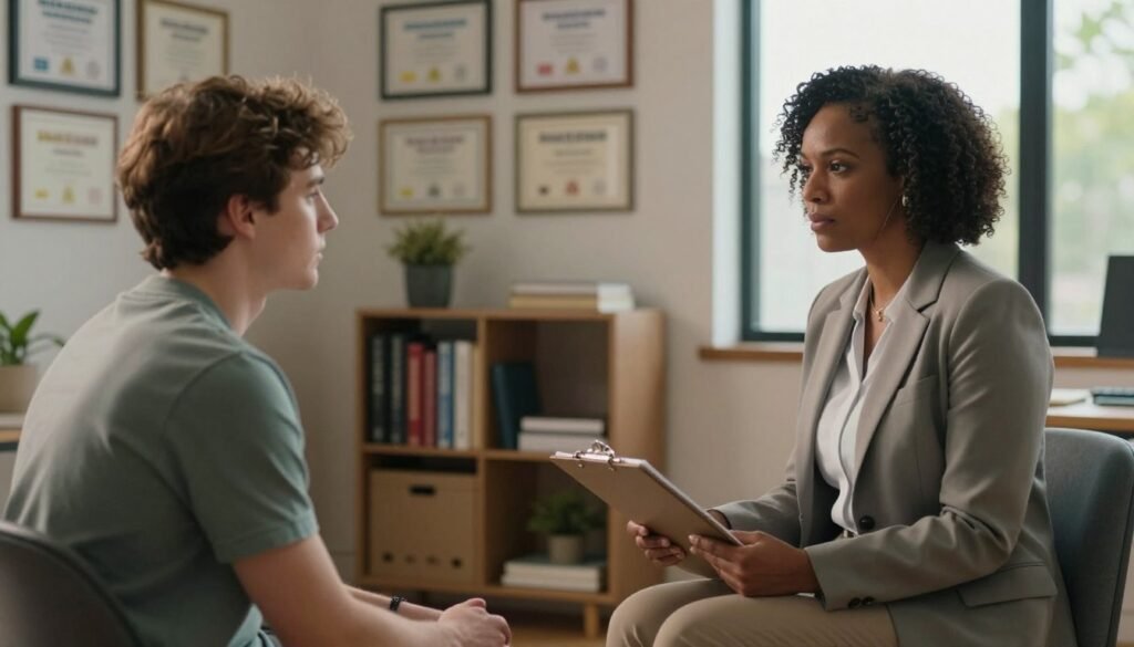 A serene office setting focused on a mental health diagnosis scenario. In the foreground, a compassionate psychiatrist, a middle-aged Black woman in professional attire, holds a clipboard while attentively listening to a young Caucasian man, who sits across from her, dressed in modest casual clothing. In the middle, a wall filled with certificates showcases professionalism, while a bookshelf with psychology texts adds depth. The background features soft, warm lighting that creates a calming atmosphere. A large window filters in natural light, providing a hint of greenery outside. The image conveys a mood of understanding and support, effectively illustrating the diagnostic process for bipolar disorder.