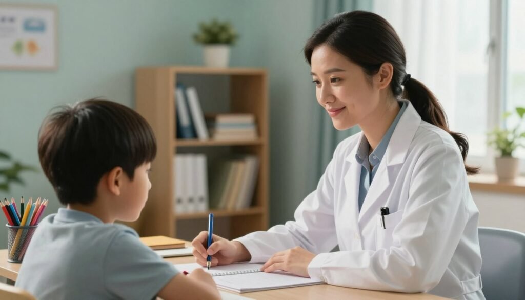 A serene office setting, focused on a professional looking female psychologist observing a young boy sitting at a desk. The boy is concentrating on his homework, surrounded by school supplies, symbolizing the cognitive focus treatment for ADHD. In the foreground, the psychologist is gently smiling, wearing a white lab coat, her hair neatly styled, creating a supportive atmosphere. The background features calming, soft-colored walls and a bookshelf filled with educational materials. Natural light streams through a window, casting a warm glow over the scene, emphasizing a sense of hope and assistance. The image captures the essence of therapy and guidance, showcasing the positive impact of treatment for ADHD in a relatable environment. A serene office setting, focused on a professional looking female psychologist observing a young boy sitting at a desk. The boy is concentrating on his homework, surrounded by school supplies, symbolizing the cognitive focus treatment for ADHD. In the foreground, the psychologist is gently smiling, wearing a white lab coat, her hair neatly styled, creating a supportive atmosphere. The background features calming, soft-colored walls and a bookshelf filled with educational materials. Natural light streams through a window, casting a warm glow over the scene, emphasizing a sense of hope and assistance. The image captures the essence of therapy and guidance, showcasing the positive impact of treatment for ADHD in a relatable environment.