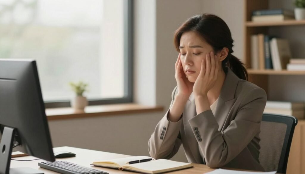 A serene office setting, with a woman in professional attire sitting calmly at a desk, reflecting a moment of contemplation. In the foreground, a notebook open with a pen resting on it, symbolizing self-reflection and mental health awareness. In the middle ground, a soft window light streaming in, illuminating the space with a warm glow, enhancing a feeling of peace. The background features shelves with books on psychology and mental health, subtly hinting at resources for understanding anxiety. The atmosphere is supportive and contemplative, encouraging a sense of empathy and understanding. The composition is balanced, with a soft focus on the woman, conveying a moment of clarity amidst thoughts of anxiety. The overall mood is calming, inviting a sense of hope and resilience.