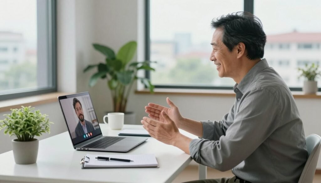 A serene online consultation scene, featuring a professional psychiatrist in a well-lit, modern office space. In the foreground, the psychiatrist, a middle-aged person in smart casual attire, is seated at a sleek, white desk with a laptop open, displaying a video call interface. The psychiatrist displays a warm and inviting smile while gesturing reassuringly. In the middle, the desk is adorned with a potted plant and a notepad with a pen, creating an atmosphere of trust and professionalism. In the background, a large window reveals a peaceful urban landscape, with soft, natural light flooding the room. The overall mood is tranquil and secure, emphasizing the importance of a safe online consultation experience.