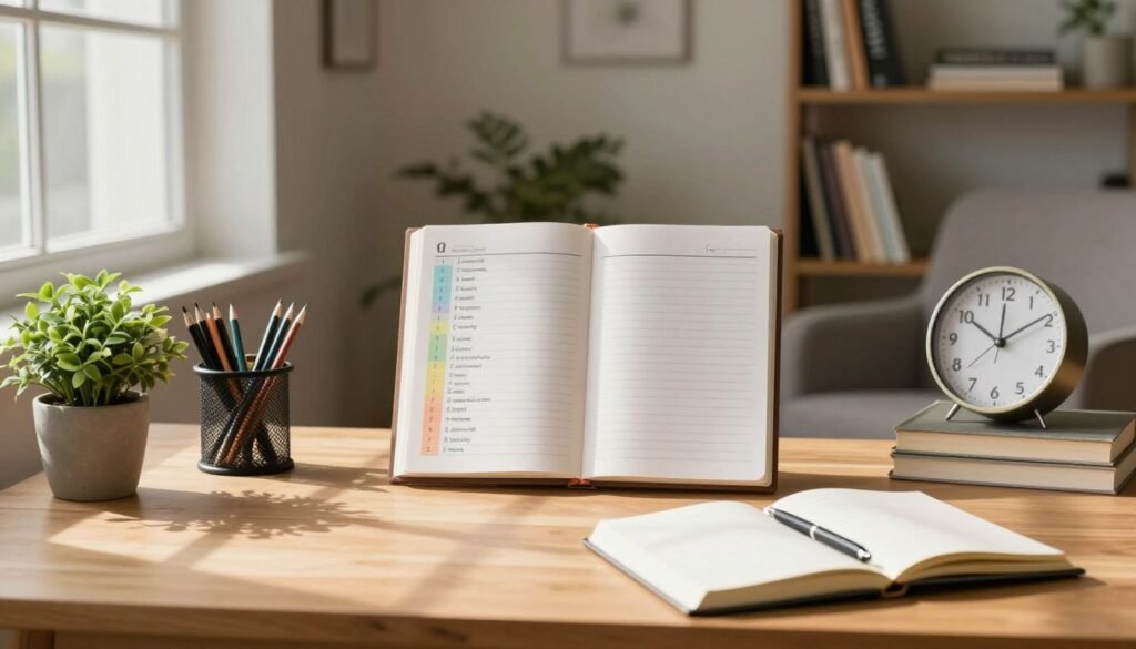 A serene, organized workspace designed to reduce anxiety. In the foreground, a wooden desk with neatly arranged stationery, a calming plant, and a journal open with a pen placed carefully beside it. In the middle, a planner displays color-coded tasks, suggesting structure and clarity. A clock shows a balanced schedule, emphasizing time management. Soft natural light filters in through a window, casting gentle shadows and creating a warm, inviting atmosphere. The background features a cozy armchair and shelves filled with motivational books, accents of tranquility. Overall, the mood is calming and organized, reflecting a routine that promotes mental well-being and focus. The scene is devoid of any human presence, ensuring the focus remains on the organized elements that suggest methods to combat anxiety. A serene, organized workspace designed to reduce anxiety. In the foreground, a wooden desk with neatly arranged stationery, a calming plant, and a journal open with a pen placed carefully beside it. In the middle, a planner displays color-coded tasks, suggesting structure and clarity. A clock shows a balanced schedule, emphasizing time management. Soft natural light filters in through a window, casting gentle shadows and creating a warm, inviting atmosphere. The background features a cozy armchair and shelves filled with motivational books, accents of tranquility. Overall, the mood is calming and organized, reflecting a routine that promotes mental well-being and focus. The scene is devoid of any human presence, ensuring the focus remains on the organized elements that suggest methods to combat anxiety.
