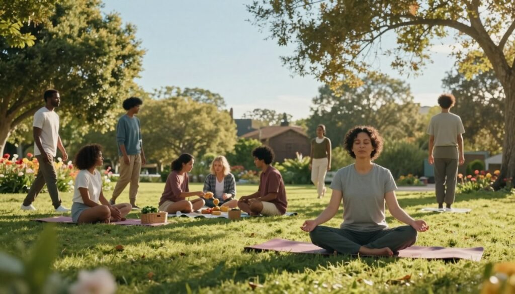 A serene outdoor scene illustrating "quality of life," featuring a diverse group of people engaged in various healthy activities. In the foreground, a person in professional casual attire practices yoga on a lush green lawn, exuding tranquility. In the middle ground, a small group shares a healthy picnic, surrounded by vibrant flowers and trees, while another individual enjoys a leisurely walk, symbolizing balance and connection. The background showcases a clear blue sky and gentle sunlight filtering through the leaves, creating a warm, uplifting atmosphere. Soft shadows cast by the trees enhance the tranquil mood of the scene. Use warm tones and a soft focus lens to evoke feelings of peace, well-being, and community connections.