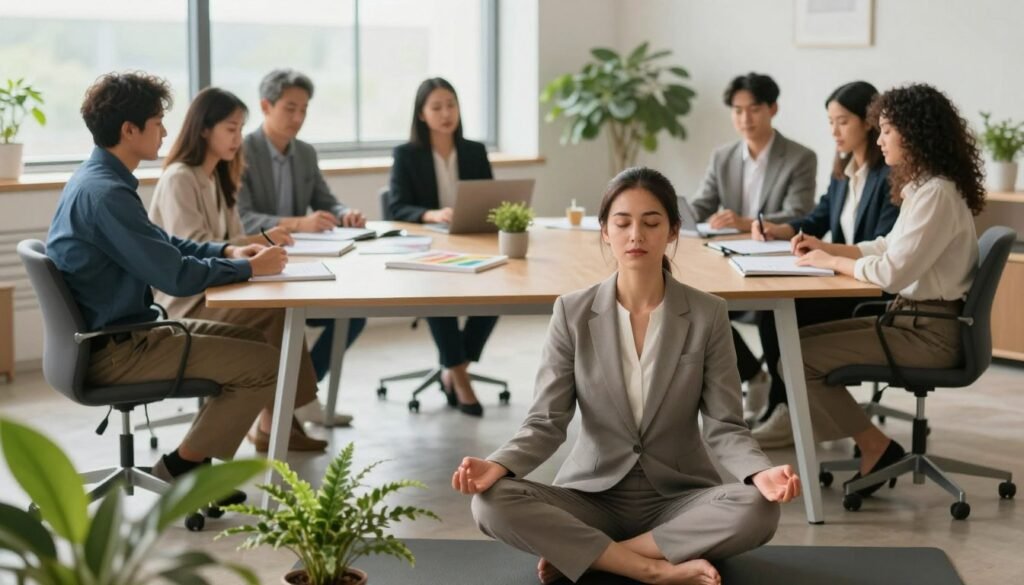 A serene, professional office environment showcasing a diverse group of individuals engaged in emotional intelligence development strategies. In the foreground, a focused woman in modest business attire is practicing mindfulness, sitting cross-legged on a yoga mat, surrounded by plants that symbolize growth. In the middle ground, a group of colleagues in professional outfits are participating in an interactive workshop, collaborating around a large table filled with journals and emotional intelligence resources. The background features a large window with natural light pouring in, illuminating the space and creating a calm atmosphere. The overall mood is uplifting and supportive, highlighting the importance of emotional intelligence in daily life. Soft lighting enhances the warmth of the scene, promoting a sense of connection and personal growth.
