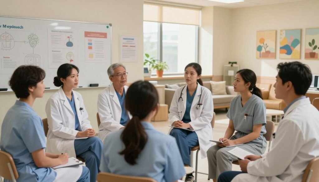 A serene psychiatry residency setting in a modern hospital. In the foreground, a group of diverse medical professionals in professional attire are engaged in a discussion, showcasing collaboration and learning. The middle composition features a clinical classroom environment with a whiteboard, charts related to mental health, and a large window letting in warm, natural light. The background shows a well-equipped physical space with comfortable seating and calming artwork on the walls, emphasizing a welcoming atmosphere. The lighting is bright but soft, creating a balanced and inviting mood. The scene captures a sense of professionalism, hope, and the importance of mental health education in psychiatry.