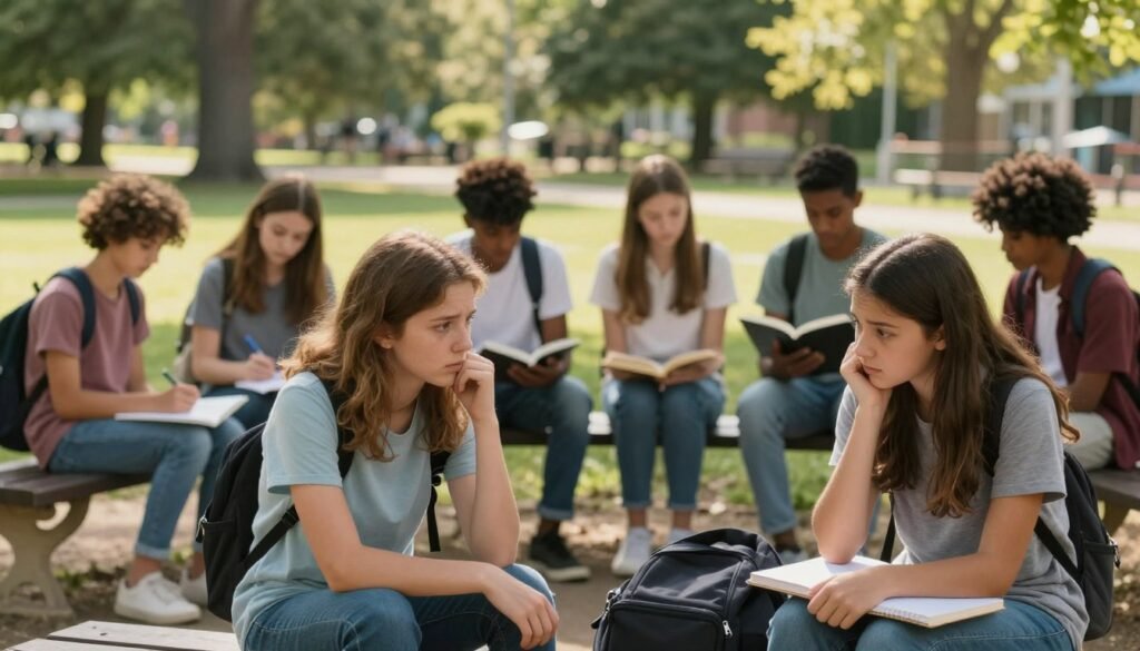 A serene scene depicting adolescent mental health, focusing on a diverse group of young people in a supportive environment. In the foreground, two teens, one male and one female, sit on a park bench discussing their feelings, with empathetic expressions. In the middle ground, other adolescents engage in activities like drawing, reading, and playing, showcasing various coping mechanisms. The background features a lush park with soft sunlight filtering through the trees, creating an inviting and hopeful atmosphere. The scene captures a sense of community and support, with warm colors and soft focus to evoke a sense of calm and understanding. Ideal for conveying the importance of compassion and connection in adolescent mental health.