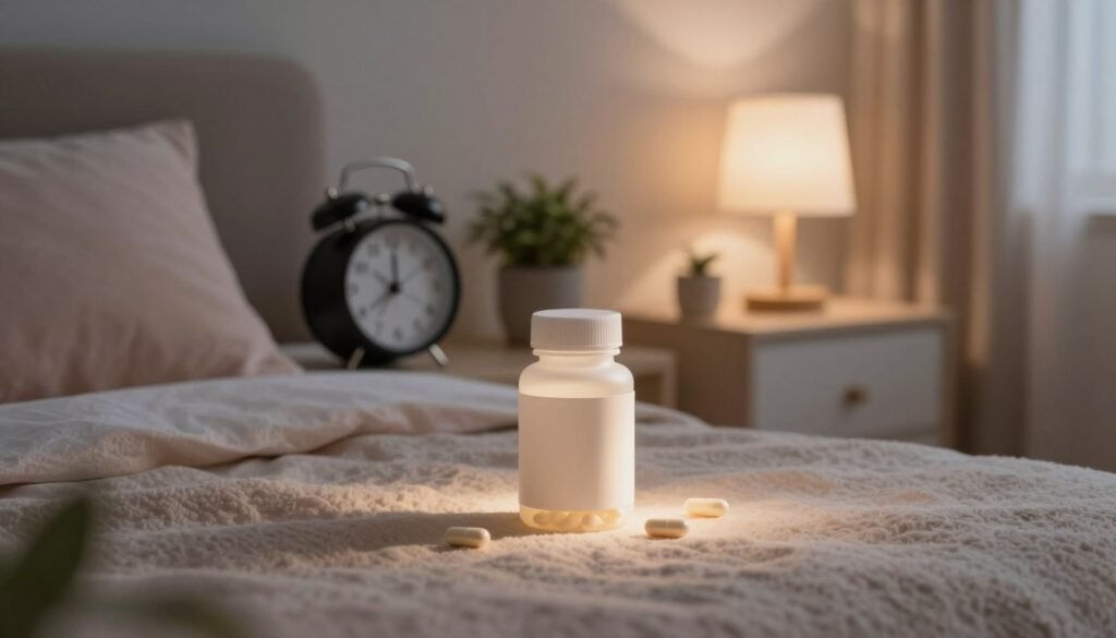 A serene scene depicting melatonin supplements designed to improve sleep. In the foreground, a sleek bottle of melatonin capsules, softly illuminated by warm, inviting light, with a few scattered capsules artfully laid around it. In the middle ground, a calming bedside setup featuring a stylish alarm clock, a small potted plant, and a dimly lit lamp, creating a peaceful atmosphere conducive to relaxation. The background features a cozy bedroom with gentle, soft colors and soft textures, such as a bed with plush pillows and a fluffy blanket. The overall mood should convey tranquility and comfort, making the viewer feel at ease and ready for sleep. Use a soft focus effect to enhance the calming ambiance.