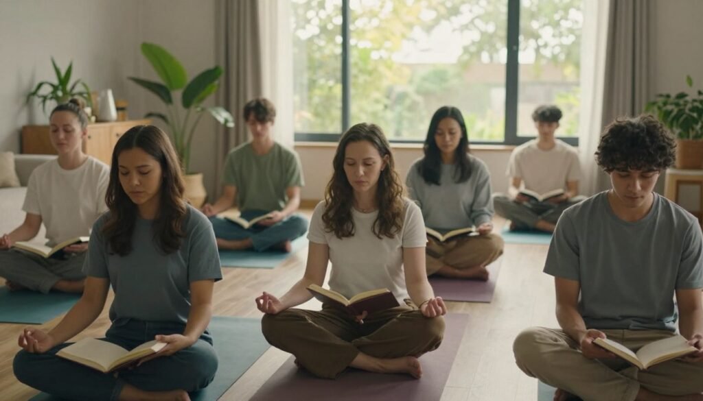 A serene scene depicting the importance of self-care in mental health. In the foreground, a diverse group of individuals engaged in various self-care activities, such as meditating, reading, and journaling, all dressed in comfortable, modest clothing. The middle ground features a cozy, inviting room with plants, soft lighting, and calming colors that evoke tranquility. A large window shows a bright, sunny day, symbolizing hope and positivity in the background. The atmosphere is peaceful and uplifting, conveying a sense of relaxation and well-being. Use soft, natural lighting to enhance the calming effects, capturing the essence of mindfulness and self-nurturing practices in mental health. The angle should be slightly elevated, offering a wide view of the harmonious scene.