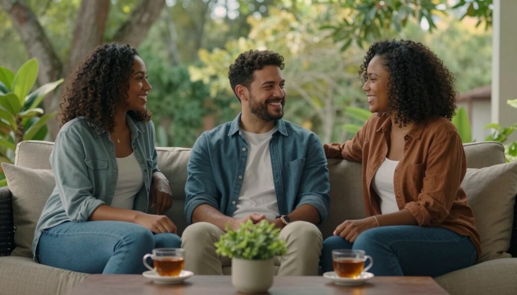 A serene scene depicting three diverse individuals, a man and two women, sitting together on a comfortable outdoor couch surrounded by greenery. They are dressed in modest casual clothing, smiling and enjoying each other's company, symbolizing the warmth of healthy relationships. In the foreground, a gently placed coffee table holds cups of tea and a small plant, enhancing the intimate setting. The middle background features lush trees and soft sunlight filtering through the leaves, creating a peaceful atmosphere. The soft, natural lighting highlights their joyful expressions, conveying a sense of emotional well-being and connection. The scene captures the essence of support, trust, and harmony, reflecting the importance of healthy relationships for mental balance.