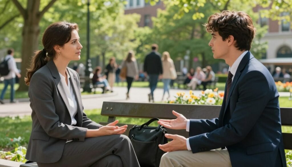 A serene scene depicting two individuals engaged in a deep and meaningful conversation, illustrating empathy in interpersonal relationships. In the foreground, a man and a woman, dressed in professional business attire, sit on a park bench, their body language open and supportive, symbolizing connection. The middle ground features vibrant green trees and soft flowers, enhancing the warmth of the interaction. In the background, a soft-focus image of a bustling city park, with people walking and enjoying the day, creating an atmosphere of community and openness. Bright, natural lighting casts gentle shadows, creating an uplifting mood. The composition captures an intimate yet relatable moment, inviting viewers to reflect on the significance of empathy in daily life.
