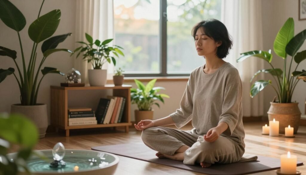 A serene scene of a tranquil meditation space, featuring a person sitting cross-legged on a soft mat in a peaceful room. The individual, dressed in modest casual clothing, is immersed in meditation with eyes gently closed, surrounded by indoor plants and softly glowing candles. In the foreground, vibrant green foliage and a calming water feature add to the atmosphere of relaxation. In the middle ground, a wooden shelf with mindfulness books and crystals creates an inviting vibe. The background features a large window through which soft, warm natural light filters in, casting gentle shadows and enhancing the peaceful ambiance. The mood is calm and introspective, conveying a sense of control and tranquility suited for anxiety relief techniques. A serene scene of a tranquil meditation space, featuring a person sitting cross-legged on a soft mat in a peaceful room. The individual, dressed in modest casual clothing, is immersed in meditation with eyes gently closed, surrounded by indoor plants and softly glowing candles. In the foreground, vibrant green foliage and a calming water feature add to the atmosphere of relaxation. In the middle ground, a wooden shelf with mindfulness books and crystals creates an inviting vibe. The background features a large window through which soft, warm natural light filters in, casting gentle shadows and enhancing the peaceful ambiance. The mood is calm and introspective, conveying a sense of control and tranquility suited for anxiety relief techniques.