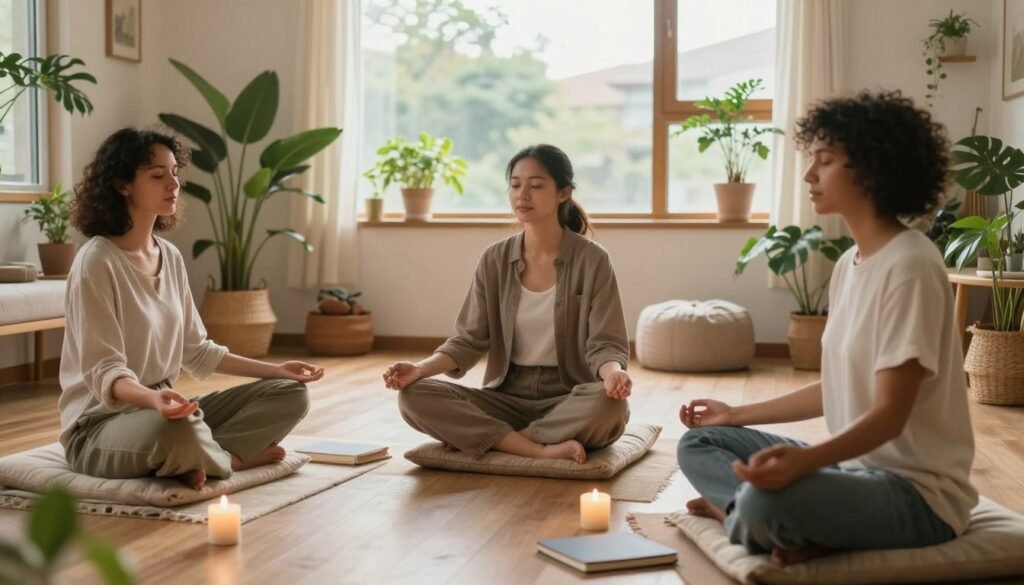 A serene setting depicting a cozy, sunlit room filled with plants and calming colors. In the foreground, a diverse group of three individuals sits on comfortable cushions, engaged in a guided meditation session. They are dressed in modest, casual clothing, displaying expressions of tranquility and focus. In the middle ground, soft blankets, candles, and wellness journals create a sense of comfort and self-care. The background features a large window with natural light streaming in, illuminating the space and enhancing the warm atmosphere. The scene conveys feelings of peace and introspection, promoting self-care strategies for emotional wellness. The lighting is soft, evoking a gentle, inviting mood, ideal for fostering a deep sense of well-being and relaxation.