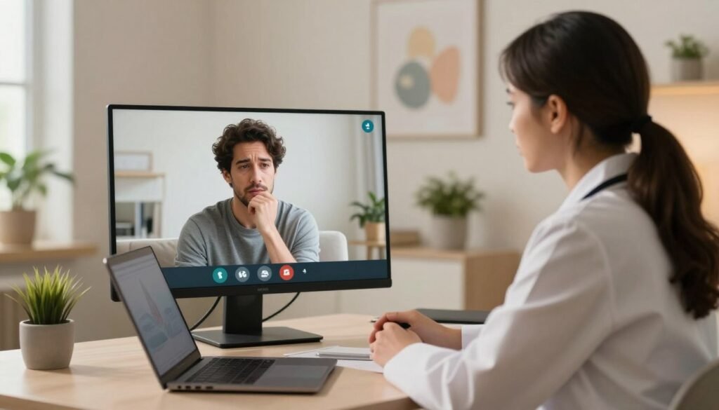 A serene, soothing office environment representing online psychiatric consultation for anxiety disorders. In the foreground, a focused psychiatrist in professional attire is seated at a desk with a laptop open, engaged in a video call with a patient. The psychiatrist appears empathetic, with a calming presence. In the middle ground, a virtual screen shows the patient, who is depicted in modest casual clothing, expressing concern but also a sense of relief. The background features soft, warm lighting that creates a welcoming atmosphere, with plants and calming art on the walls to evoke mental wellness. The angle captures the interaction between the psychiatrist and patient, emphasizing connection and support in mental health care. The overall mood is supportive and reassuring.