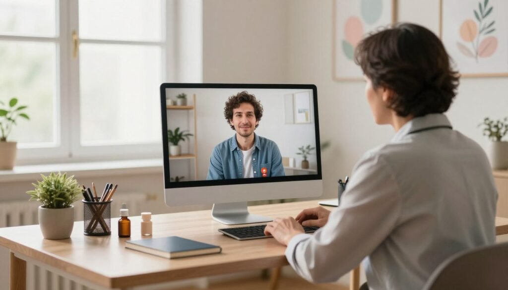 A serene teleconsultation scene featuring a professional psychiatrist engaging with a patient through a computer screen. In the foreground, a middle-aged psychiatrist in a smart casual attire, sitting at a well-organized desk with calming decor. The screen displays a friendly patient, dressed in modest casual clothing, appearing calm and engaged. In the middle ground, the psychiatrist's workspace is illuminated by soft natural lighting coming from a nearby window, adding warmth to the atmosphere. The background shows light pastel colors and inspirational artwork on the walls, enhancing the feeling of a safe, welcoming environment. The overall mood is one of trust, accessibility, and mental well-being, emphasizing the convenience and benefits of teleconsultation.