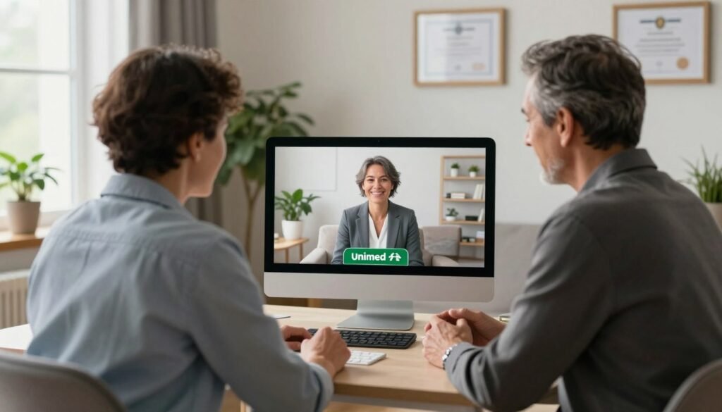 A serene teleconsultation scene in a cozy, well-lit home office. In the foreground, a middle-aged psychiatrist, dressed in professional business attire, attentively engages with a patient via a computer screen. The psychiatrist has a warm, approachable expression, conveying trust and empathy. In the middle, the bright screen displays a friendly interface, showcasing a virtual waiting room with calming colors. In the background, soft natural light filters through a window, highlighting potted plants and framed certificates on the walls, creating an atmosphere of professionalism and comfort. The overall mood is calm and reassuring, emphasizing the accessibility of online psychiatric care through Unimed, inviting a sense of hope and support.