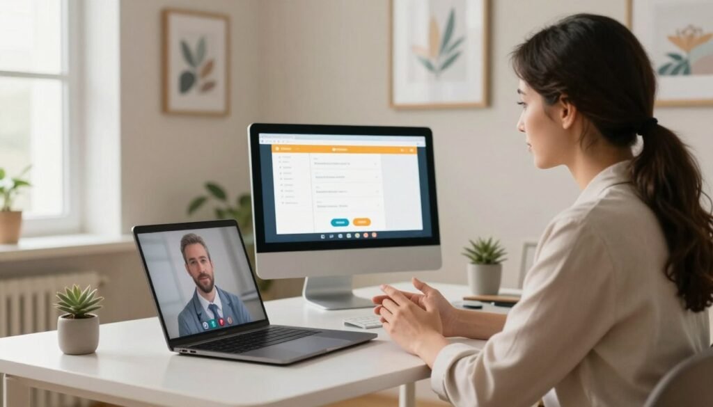 A serene telemedicine consultation room, featuring a focused psychiatrist and a patient engaging in a video call. In the foreground, a professional psychiatrist in smart casual attire, sitting at a modern desk with a laptop, displaying a calm and empathetic expression. The middle layer shows a glowing computer screen illustrating a mental health app with a warm color palette. In the background, soft, inviting wall colors and framed calming artwork, creating a sense of tranquility. Natural light streams in through a window, adding a cozy ambiance. The atmosphere is supportive and professional, ideal for a mental health consultation, emphasizing connection and care in virtual healthcare.