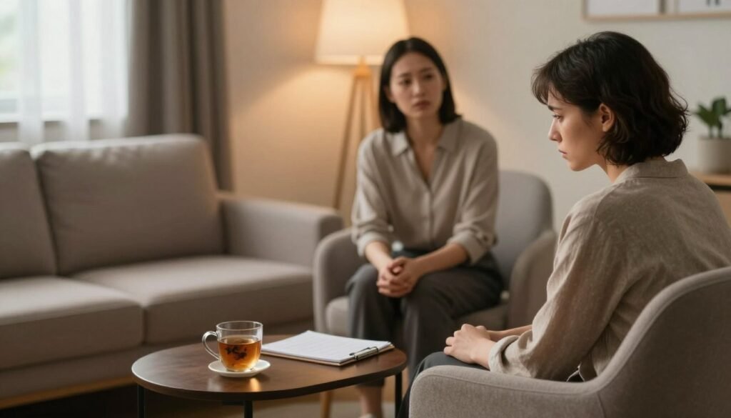 A serene therapist's office, featuring a comfortable chair and a sofa in soft earth tones. In the foreground, a person in professional attire sits on the sofa, appearing contemplative, with a slightly furrowed brow that indicates inner turmoil. To the side, a small table holds a notepad and a cup of herbal tea, suggesting a calming environment. In the middle, the therapist, dressed in modest casual clothing, is engaged in active listening, sitting across from the client, projecting empathy. The background includes warm, diffused lighting from a window, casting gentle shadows. The overall mood is one of hope and understanding, evoking a sense of support in the treatment journey for obsessive-compulsive disorder.