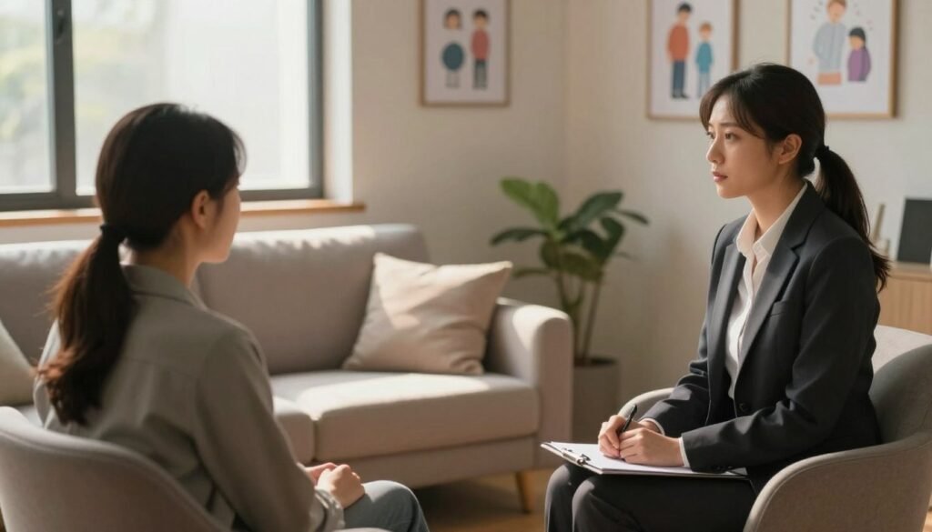 A serene therapist's office showcasing the symptoms of Post-Traumatic Stress Disorder (PTSD). In the foreground, a therapist, dressed in professional business attire, is seated in a comfortable chair, attentively listening to an individual across from them, who appears contemplative and anxious. The middle ground features a soft, inviting couch with a pillow that symbolizes comfort and safety. In the background, a warm window casts gentle sunlight into the room, creating a calm atmosphere; framed illustrations depicting emotional responses and coping mechanisms are subtly displayed on the walls. The overall mood is reflective yet hopeful, emphasizing the importance of recognizing and addressing PTSD symptoms, with a focus on empathy and support. The angle is slightly elevated, capturing the interactions and the inviting environment in a well-composed manner.
