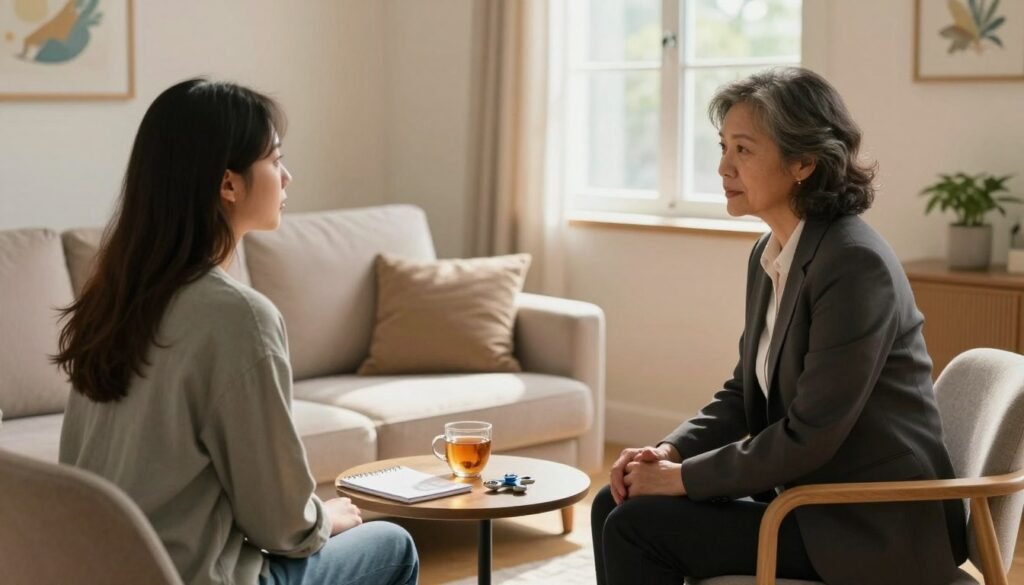 A serene therapy room featuring a comfortable seating arrangement, including a soft beige couch and a wooden chair, illuminated by warm, natural light streaming through a large window. In the foreground, a middle-aged therapist, dressed in professional business attire, is attentively listening to a young adult client dressed in modest casual clothing. On a small table nearby, there are notepads, calming herbal tea, and a fidget spinner, symbolizing ADHD. The walls are decorated with calming artwork, and a plant in the corner adds a touch of nature. The atmosphere conveys warmth, understanding, and professionalism, reflecting a supportive environment for dealing with ADHD and anxiety through psychotherapy. The angle should capture both subjects engaging in conversation, emphasizing their connection and the therapeutic process. A serene therapy room featuring a comfortable seating arrangement, including a soft beige couch and a wooden chair, illuminated by warm, natural light streaming through a large window. In the foreground, a middle-aged therapist, dressed in professional business attire, is attentively listening to a young adult client dressed in modest casual clothing. On a small table nearby, there are notepads, calming herbal tea, and a fidget spinner, symbolizing ADHD. The walls are decorated with calming artwork, and a plant in the corner adds a touch of nature. The atmosphere conveys warmth, understanding, and professionalism, reflecting a supportive environment for dealing with ADHD and anxiety through psychotherapy. The angle should capture both subjects engaging in conversation, emphasizing their connection and the therapeutic process.