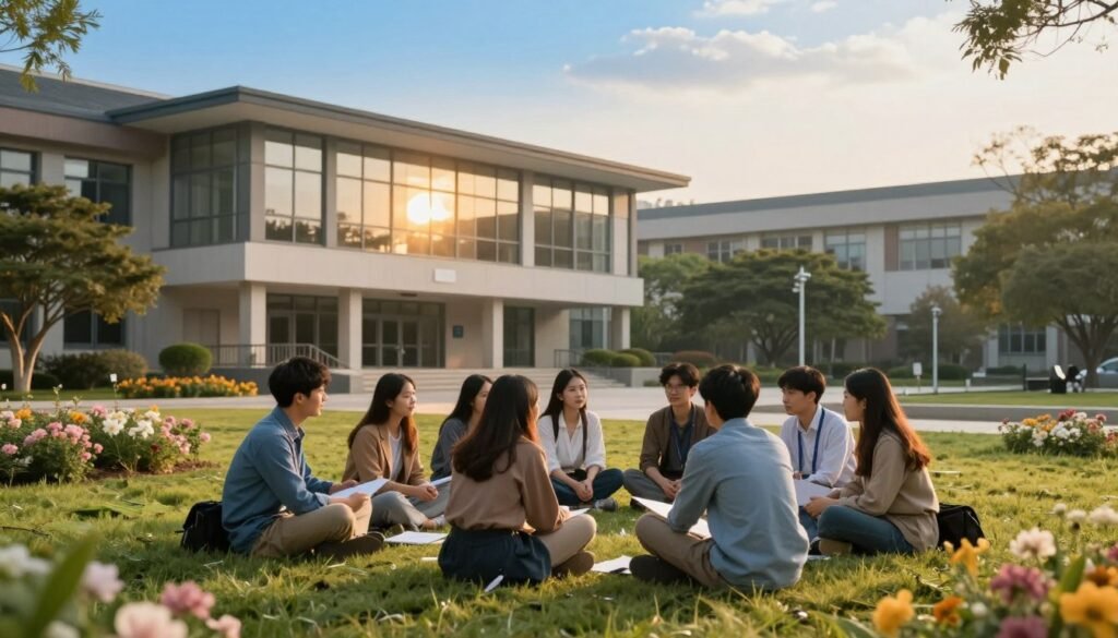 A serene university campus at dawn, bathed in soft, golden light. In the foreground, a diverse group of students engaged in a supportive discussion, showcasing professionalism and care, while sitting on a grassy area surrounded by blooming flowers. In the middle, a modern university building with large windows reflecting the morning sun, symbolizing openness and accessibility. Students are dressed in business casual, emphasizing a professional atmosphere. In the background, tall trees and blue skies enhance the feeling of calm and mental well-being. The image should evoke a sense of hope, collaboration, and the importance of accessible mental health services in educational settings. The composition should be captured from a slightly elevated angle, offering a panoramic view of the scene, inviting viewers into this tranquil moment. A serene university campus at dawn, bathed in soft, golden light. In the foreground, a diverse group of students engaged in a supportive discussion, showcasing professionalism and care, while sitting on a grassy area surrounded by blooming flowers. In the middle, a modern university building with large windows reflecting the morning sun, symbolizing openness and accessibility. Students are dressed in business casual, emphasizing a professional atmosphere. In the background, tall trees and blue skies enhance the feeling of calm and mental well-being. The image should evoke a sense of hope, collaboration, and the importance of accessible mental health services in educational settings. The composition should be captured from a slightly elevated angle, offering a panoramic view of the scene, inviting viewers into this tranquil moment.