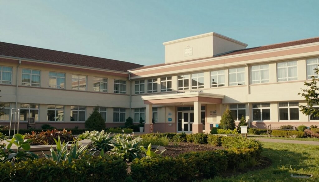 A serene view of a psychiatric hospital, showcasing a blend of historical and modern architecture. In the foreground, include lush greenery with well-maintained gardens, symbolizing healing and tranquility. The middle ground features the hospital’s entrance, with large windows reflecting soft natural light, and a welcoming facade painted in calming colors. In the background, a clear blue sky adds depth and warmth to the scene. Capture a sense of peace and professionalism, with the hospital exterior appearing inviting rather than intimidating. Use a wide-angle lens to provide a comprehensive perspective of the grounds, emphasizing the hospital's role in mental health care. Aim for bright, uplifting lighting to instill hope and reassurance in the viewer.