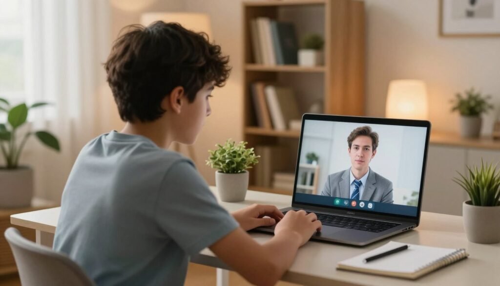 A serene virtual consultation scene depicting a young adolescent sitting at a desk, engaged in an online psychiatric session. The adolescent, dressed in modest casual clothing, is focused on a laptop screen displaying a face of a psychiatrist, who is appearing in a professional business attire. In the foreground, a few calming items like plants and a notebook can be seen, enhancing the atmosphere of comfort. The middle background includes soft lighting that creates an inviting and safe environment, using a warm color palette. The background features a cozy room with bookshelves filled with mental health literature and subtle decorative elements. The overall mood is one of support, connection, and understanding, emphasizing the importance of online psychiatry for adolescents.