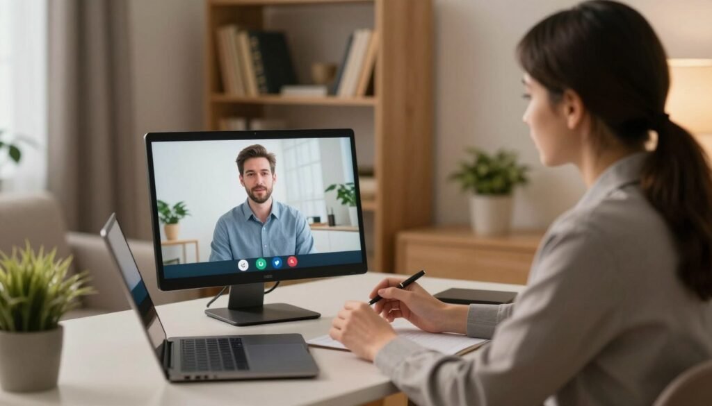 A serene virtual consultation scene featuring a psychiatrist working online. In the foreground, a professional psychiatrist in business attire, sitting comfortably at a home office desk, looking empathetic and engaged while speaking into a laptop. The middle ground shows the glowing screen with the psychiatrist's virtual session open, displaying a calm and composed patient on the other side. The background features a cozy home office with warm lighting, bookshelves filled with psychology textbooks, a potted plant, and soft neutral colors to create a soothing atmosphere. The composition emphasizes a sense of trust and professionalism, reflecting the online mental health consultation process.