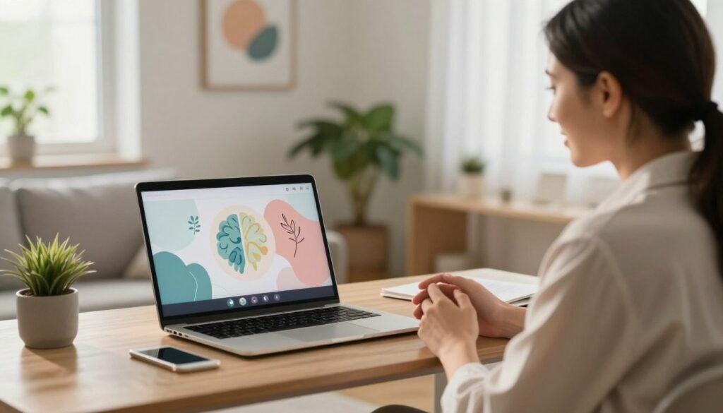 A serene virtual psychiatric consultation scene. In the foreground, a professional psychiatrist in smart casual attire is engaged in a video call, attentively listening. The psychiatrist has a warm, empathetic expression, conveying a sense of trust and support. In the middle, a sleek laptop displays a calm, inviting interface with abstract mental health graphics in soft colors. The background features a cozy home office with plants and calming artwork, creating a peaceful atmosphere. Soft, natural lighting filters through a window, casting gentle shadows and contributing to a warm ambiance. The overall mood is one of accessibility and reassurance, emphasizing the importance of mental health care that is available 24/7.