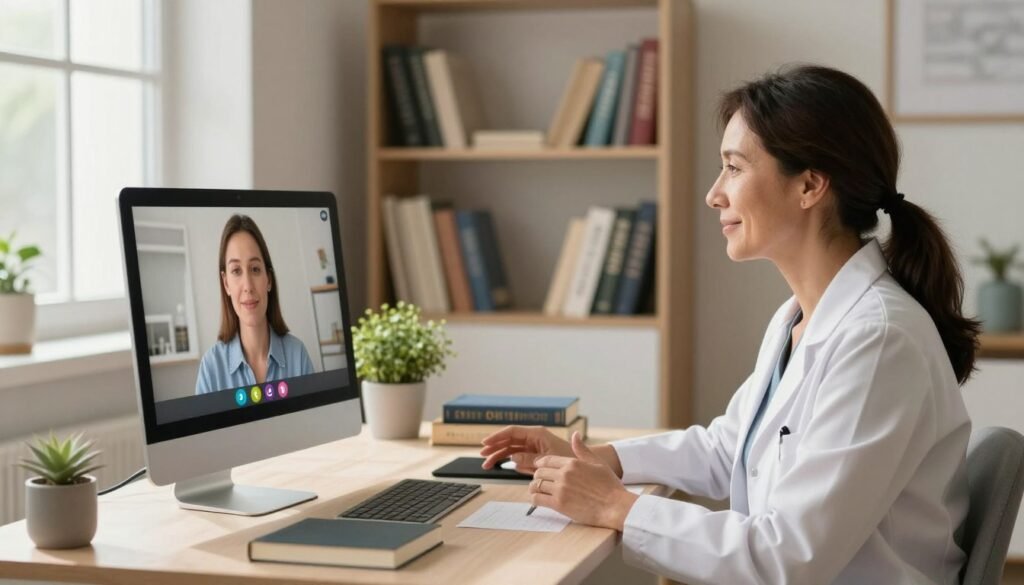 A serene virtual psychiatrist's consultation scene in a cozy, well-lit home office. In the foreground, a compassionate psychiatrist, a middle-aged woman in professional attire, sits at a desk facing a computer screen, engaging in a video call. Her expression is warm and attentive, conveying empathy. In the middle ground, the desk is adorned with professional books and a plant, emphasizing a calm atmosphere. The background features soft shelves filled with neatly arranged medical and psychological texts, enhancing the scholarly vibe. Natural light streams in through a window, casting gentle shadows. The overall mood is inviting and supportive, reflecting a professional yet approachable online mental health service environment. A serene virtual psychiatrist's consultation scene in a cozy, well-lit home office. In the foreground, a compassionate psychiatrist, a middle-aged woman in professional attire, sits at a desk facing a computer screen, engaging in a video call. Her expression is warm and attentive, conveying empathy. In the middle ground, the desk is adorned with professional books and a plant, emphasizing a calm atmosphere. The background features soft shelves filled with neatly arranged medical and psychological texts, enhancing the scholarly vibe. Natural light streams in through a window, casting gentle shadows. The overall mood is inviting and supportive, reflecting a professional yet approachable online mental health service environment.