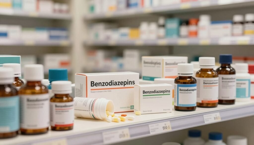 A serene, well-organized pharmacy shelf showcasing various sleep medications, specifically benzodiazepines and Z-drugs, in elegantly designed bottles. In the foreground, a close-up of a small, open pill bottle with several capsules scattered around it. The middle ground features neatly arranged prescription boxes with clear labels, highlighting their distinct purposes. The background consists of softly blurred shelves filled with other wellness products, emphasizing a calm and safe healthcare environment. The lighting is soft and warm, creating an inviting atmosphere, reminiscent of a tranquil nighttime setting. The image should capture the essence of professional care, portraying an ambiance of reliability and safety without any human subjects or distracting elements.