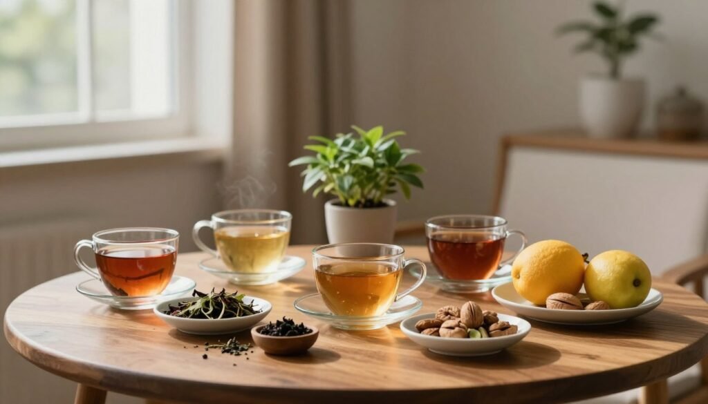 A serene, wellness-themed composition representing healthy alternatives to reduce anxiety. In the foreground, a beautifully arranged wooden table showcases a variety of calming herbal teas, fresh fruits, and nuts, all invitingly presented on elegant dishes. In the middle, a small potted plant adds a touch of greenery, symbolizing a connection to nature. In the background, soft natural light filters through a window, casting gentle shadows that enhance the tranquil atmosphere. The setting is minimalistic yet warm, with a neutral color palette that promotes calmness. The overall mood is peaceful and restorative, encouraging mindfulness and relaxation, free from distractions. The scene invites viewers to envision a healthier lifestyle, emphasizing the importance of avoiding caffeine, alcohol, and tobacco for anxiety reduction. A serene, wellness-themed composition representing healthy alternatives to reduce anxiety. In the foreground, a beautifully arranged wooden table showcases a variety of calming herbal teas, fresh fruits, and nuts, all invitingly presented on elegant dishes. In the middle, a small potted plant adds a touch of greenery, symbolizing a connection to nature. In the background, soft natural light filters through a window, casting gentle shadows that enhance the tranquil atmosphere. The setting is minimalistic yet warm, with a neutral color palette that promotes calmness. The overall mood is peaceful and restorative, encouraging mindfulness and relaxation, free from distractions. The scene invites viewers to envision a healthier lifestyle, emphasizing the importance of avoiding caffeine, alcohol, and tobacco for anxiety reduction.
