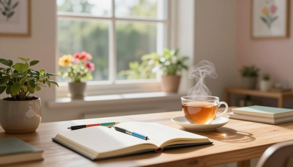 A serene workspace dedicated to emotional well-being. In the foreground, a cozy wooden desk adorned with an open journal, colorful pens, and a steaming cup of herbal tea, symbolizing mindfulness practices. In the middle ground, a window showcases a lush garden with vibrant flowers, inviting natural light that enhances the calming atmosphere. A houseplant in a ceramic pot adds a touch of greenery. The background features soft, pastel-colored walls with motivational artwork hanging and gentle natural light streaming in, creating a peaceful ambiance. The mood is one of tranquility and inspiration, reflecting the essence of practical strategies for cultivating emotional well-being. The scene is captured with a warm, inviting light that emphasizes comfort and positivity, using a soft-focus lens to enhance the serene atmosphere.