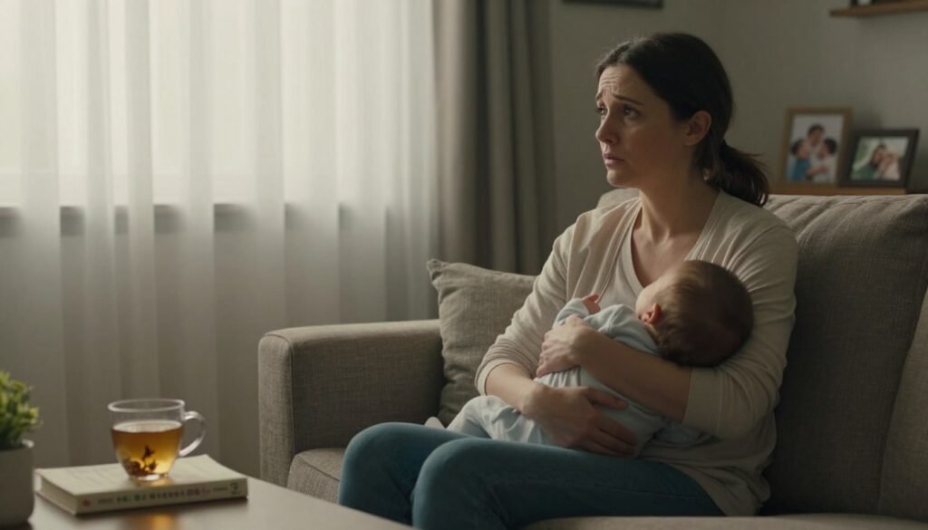 A serene yet emotionally evocative scene capturing the essence of postpartum anxiety symptoms. In the foreground, a woman in casual yet modest clothing sits on a comfortable sofa, her expression a mix of concern and contemplation. She cradles her baby while gazing out a window, reflecting her emotional struggle. In the middle ground, soft, diffused daylight filters through sheer curtains, creating a warm, inviting atmosphere that contrasts with her inner turmoil. On a coffee table nearby, a few self-help books and a calming herbal tea sit untouched, symbolizing the journey of seeking support. In the background, a nurturing home environment features subtle details like family photos and gentle colors, creating a sense of both safety and anxiety. The mood is introspective, inviting the viewer to empathize with her experience. A serene yet emotionally evocative scene capturing the essence of postpartum anxiety symptoms. In the foreground, a woman in casual yet modest clothing sits on a comfortable sofa, her expression a mix of concern and contemplation. She cradles her baby while gazing out a window, reflecting her emotional struggle. In the middle ground, soft, diffused daylight filters through sheer curtains, creating a warm, inviting atmosphere that contrasts with her inner turmoil. On a coffee table nearby, a few self-help books and a calming herbal tea sit untouched, symbolizing the journey of seeking support. In the background, a nurturing home environment features subtle details like family photos and gentle colors, creating a sense of both safety and anxiety. The mood is introspective, inviting the viewer to empathize with her experience.
