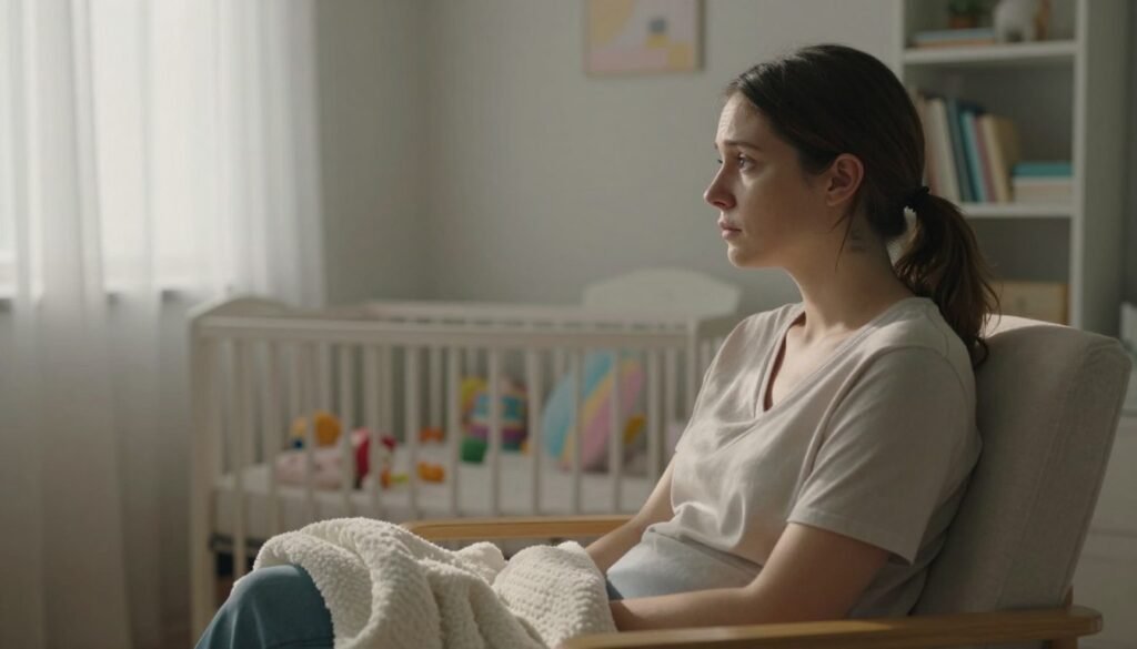 A serene yet poignant scene depicting a mother in a softly lit room, sitting on a comfortable chair, gazing out the window. She is wearing modest casual clothing, her expression reflecting a mix of introspection and subtle sadness, symbolizing the struggles of postpartum depression. In the foreground, a plush baby blanket lies on her lap, hinting at her recent motherhood. The middle section features a nursery space with soft pastel colors, toys neatly arranged, and a faint sunlight streaming through sheer curtains, creating gentle shadows. In the background, a well-organized bookshelf suggests warmth and care. The mood is contemplative and subdued, with a focus on emotional vulnerability and the weight of new responsibilities, captured from a slightly elevated angle to enhance the feeling of intimacy.