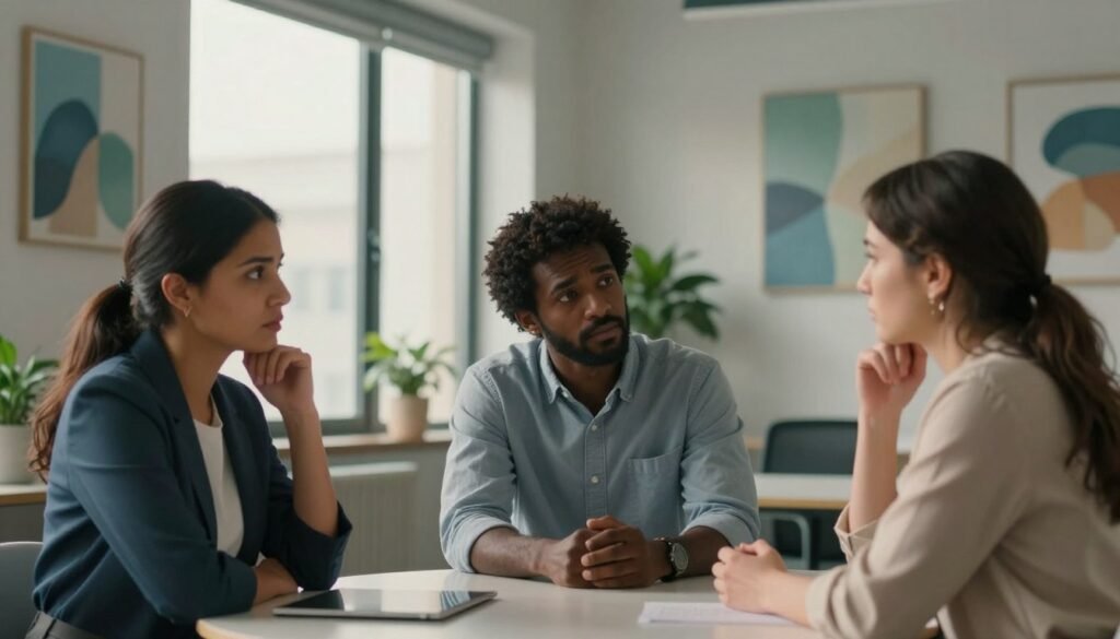 A serene yet poignant scene depicting anxiety in a modern, calming office setting. In the foreground, a diverse group of three individuals (a South Asian woman, a Black man, and a Caucasian woman) sit at a round table, engaging in an empathetic dialogue. Their expressions reveal concern and understanding, dressed in professional business attire that conveys a sense of resolution. In the middle ground, light filters through a large window, casting soft shadows and creating a soothing atmosphere. On the walls, abstract art subtly reflects the theme of mental health; colors include calming blues and greens. The background features plants that symbolize growth and healing, enhancing the overall serene ambiance. The lighting is warm and inviting, suggesting a hopeful tone, contrasting with the heaviness of anxiety, illustrating the importance of specialized medical support. A serene yet poignant scene depicting anxiety in a modern, calming office setting. In the foreground, a diverse group of three individuals (a South Asian woman, a Black man, and a Caucasian woman) sit at a round table, engaging in an empathetic dialogue. Their expressions reveal concern and understanding, dressed in professional business attire that conveys a sense of resolution. In the middle ground, light filters through a large window, casting soft shadows and creating a soothing atmosphere. On the walls, abstract art subtly reflects the theme of mental health; colors include calming blues and greens. The background features plants that symbolize growth and healing, enhancing the overall serene ambiance. The lighting is warm and inviting, suggesting a hopeful tone, contrasting with the heaviness of anxiety, illustrating the importance of specialized medical support.