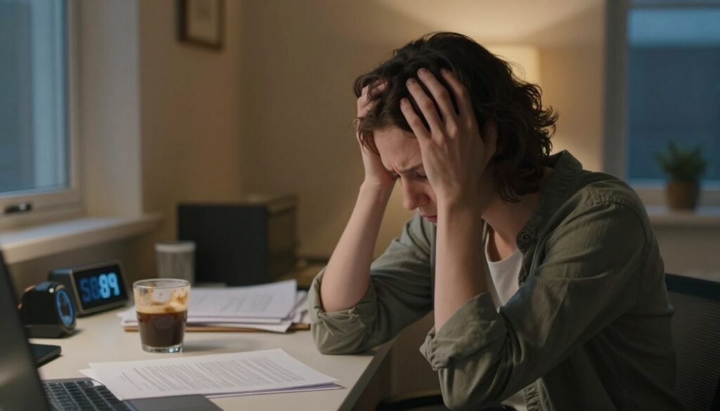 A serene, yet slightly anxious scene illustrating the symptoms of anxiety. In the foreground, a person in modest casual clothing, sitting at a desk with a furrowed brow, their hands clutching their head, depicting a mixture of stress and contemplation. In the middle ground, a cluttered desk filled with papers, a half-finished cup of coffee, and a digital clock showing late hours, contributing to a sense of overwhelming pressure. In the background, a softly lit room with shadows playing against warm-colored walls, and a window showing a night sky, enhancing the feeling of isolation. The overall mood is introspective and slightly heavy, evoking a sense of uncertainty and worry. Use soft, diffused lighting to create a calm yet tense atmosphere, and employ a shallow depth of field to focus on the individual while slightly blurring the background elements for emotional impact. A serene, yet slightly anxious scene illustrating the symptoms of anxiety. In the foreground, a person in modest casual clothing, sitting at a desk with a furrowed brow, their hands clutching their head, depicting a mixture of stress and contemplation. In the middle ground, a cluttered desk filled with papers, a half-finished cup of coffee, and a digital clock showing late hours, contributing to a sense of overwhelming pressure. In the background, a softly lit room with shadows playing against warm-colored walls, and a window showing a night sky, enhancing the feeling of isolation. The overall mood is introspective and slightly heavy, evoking a sense of uncertainty and worry. Use soft, diffused lighting to create a calm yet tense atmosphere, and employ a shallow depth of field to focus on the individual while slightly blurring the background elements for emotional impact.