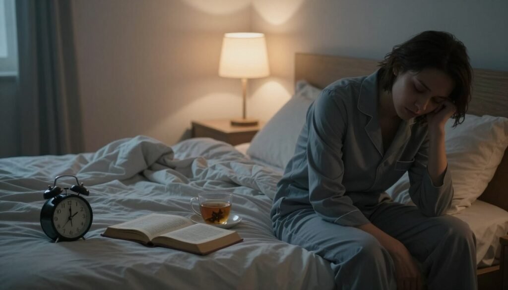 A serene yet slightly chaotic bedroom scene to illustrate sleep disturbances, featuring a disheveled bed with tangled blankets and a clock showing 3:00 AM. In the foreground, a figure in modest, professional sleepwear sits on the edge of the bed, looking tired and contemplative, with shadows under their eyes reflecting sleep deprivation. In the middle, an overturned book and a half-drunk cup of herbal tea suggest a struggle to find rest. The background is softly illuminated by dim bedside lamps, casting gentle shadows. The atmosphere is one of quiet turmoil, capturing the essence of insomnia and its emotional toll, with a slight haze to evoke a sense of weariness. A serene yet slightly chaotic bedroom scene to illustrate sleep disturbances, featuring a disheveled bed with tangled blankets and a clock showing 3:00 AM. In the foreground, a figure in modest, professional sleepwear sits on the edge of the bed, looking tired and contemplative, with shadows under their eyes reflecting sleep deprivation. In the middle, an overturned book and a half-drunk cup of herbal tea suggest a struggle to find rest. The background is softly illuminated by dim bedside lamps, casting gentle shadows. The atmosphere is one of quiet turmoil, capturing the essence of insomnia and its emotional toll, with a slight haze to evoke a sense of weariness.