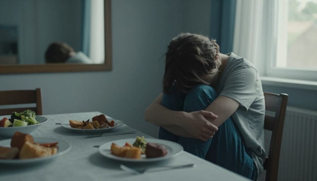 A serene yet somber room reflects the theme of eating disorders. In the foreground, a dining table is set with untouched plates of food, casting shadows that suggest neglect. In the middle, a figure in modest casual clothing sits with their head bowed, hands anxiously resting on their knees. Light streams in from a window to create a gentle, natural illumination, enhancing the mood of introspection. The background features a mirror with a distorted reflection, symbolizing inner struggles and self-perception. Soft colors of blues and grays create a peaceful yet melancholic atmosphere, emphasizing the seriousness of the subject matter. The scene should evoke a sense of longing, representing the complexities of anorexia and bulimia, without being overly dramatic.