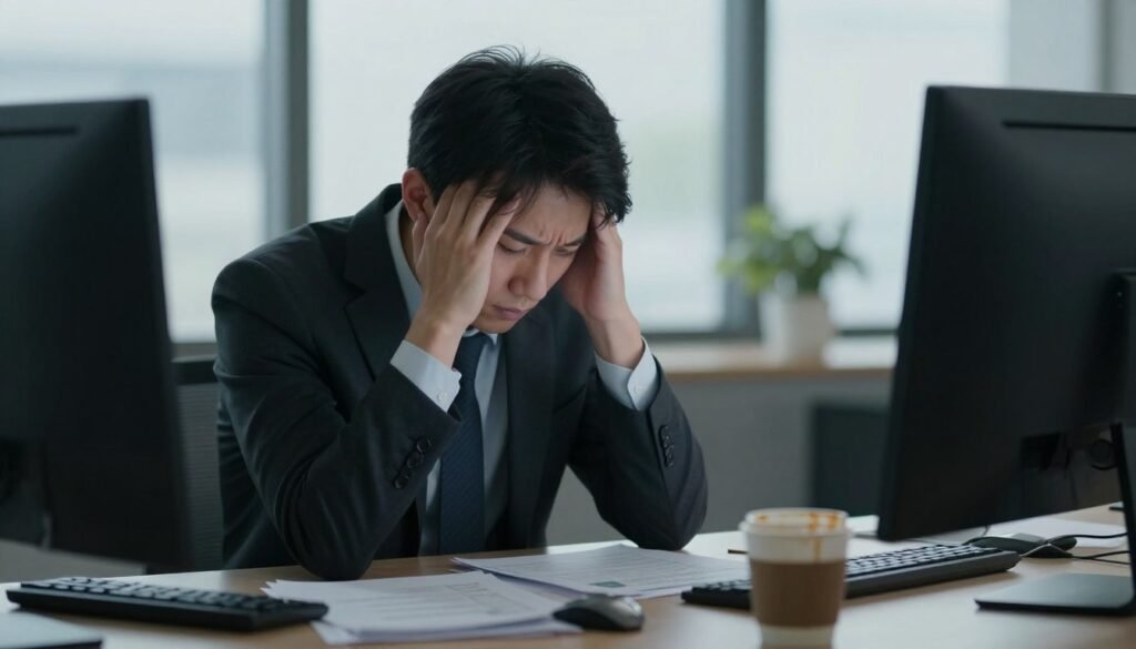 A serene yet somber workspace setting, where a young professional in business attire sits at a cluttered desk, head in hands, exhibiting clear signs of mental exhaustion. The foreground features a scattering of papers, a flickering computer screen, and a half-empty coffee cup, symbolizing stress and fatigue. In the middle ground, soft, diffused lighting casts a gentle glow, highlighting the individual's tired eyes and slight furrowed brow, suggesting overwhelm and loss of focus. The background reveals a window with soft daylight filtering in, yet the outside world appears blurred, reflecting a sense of isolation. The mood is heavy with contemplation and introspection, encapsulating the symptoms of mental burnout. A serene yet somber workspace setting, where a young professional in business attire sits at a cluttered desk, head in hands, exhibiting clear signs of mental exhaustion. The foreground features a scattering of papers, a flickering computer screen, and a half-empty coffee cup, symbolizing stress and fatigue. In the middle ground, soft, diffused lighting casts a gentle glow, highlighting the individual's tired eyes and slight furrowed brow, suggesting overwhelm and loss of focus. The background reveals a window with soft daylight filtering in, yet the outside world appears blurred, reflecting a sense of isolation. The mood is heavy with contemplation and introspection, encapsulating the symptoms of mental burnout.